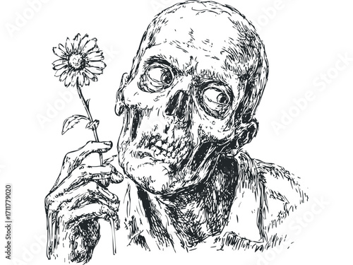 Sketch of a gaunt face holding a daisy flower. Vector hand drawn illustration