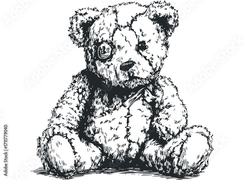 Hand Drawn Teddy Bear Sitting Pose. Vector hand drawn illustration