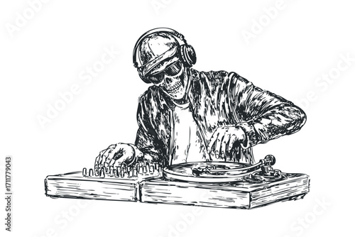 Skeleton DJ with headphones and sunglasses spinning records at turntable mixer. Vector hand drawn illustration