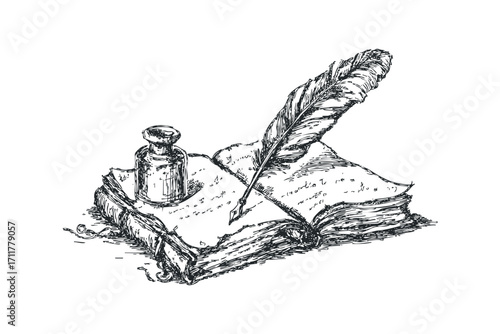 Pen and ink drawing of antique quill pen, inkwell, and open book with script. Vector hand drawn illustration