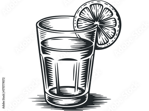 Sketch of tall glass with lime wedge and liquid on. Vector hand drawn illustration