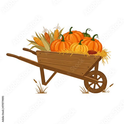 Wooden Wheelbarrow Loaded with Harvest Vector – Rustic Farm Cart Filled with Autumn Produce and Seasonal Abundance