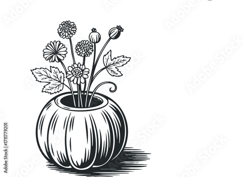 Floral arrangement in a round vase with poppy seed pods on a. Vector hand drawn illustration