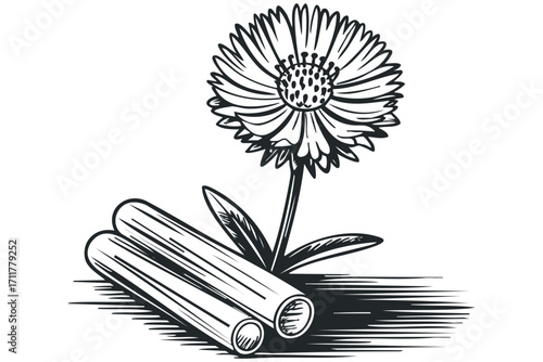Line art drawing of a blooming flower with stems and leaves. Vector hand drawn illustration