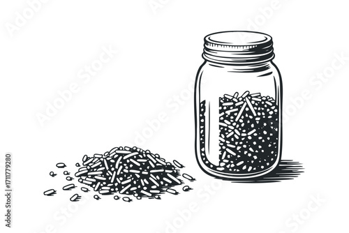 Jar of sprinkles and pile of sprinkles on. Vector hand drawn illustration