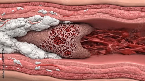 Dynamic visualization of arterial plaque buildup and blood flow disruption, illustrating cardiovascular health challenges and medical research progress.