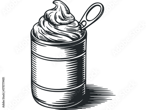 Swirl of cream spilling out of an open tin can. Vector hand drawn illustration