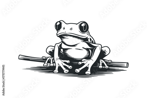 Stylized Amphibian Perched on Branch. Vector hand drawn illustration