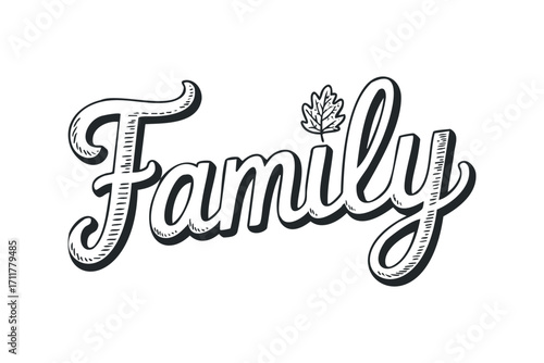 Hand-drawn word Family with autumn leaf. Vector hand drawn illustration