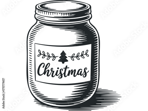 Christmas mason jar with festive decorations. Vector hand drawn illustration