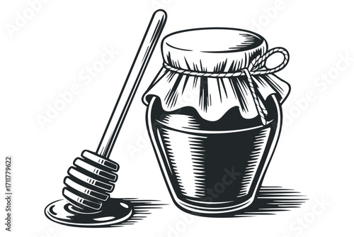 image of honey jar and dipper with cloth lid. Vector hand drawn illustration