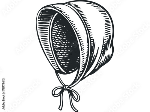 Line art of a bonnet tied with a bow on. Vector hand drawn illustration