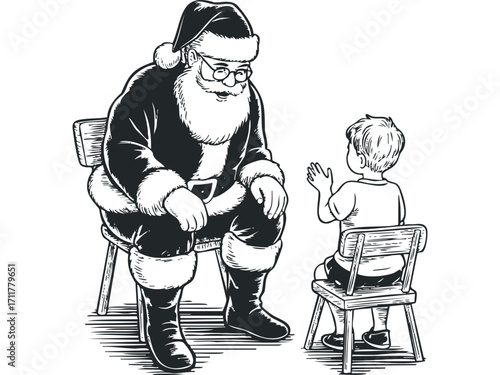 Santa Claus with Child. Vector hand drawn illustration