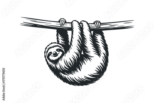 Cute sloth hanging from a branch image. Vector hand drawn illustration