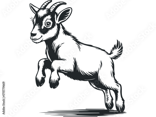 Playful baby goat jumping with joy. Vector hand drawn illustration