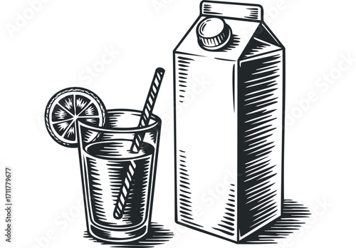 Glass of juice with orange slice and straw next to carton container. Vector hand drawn illustration