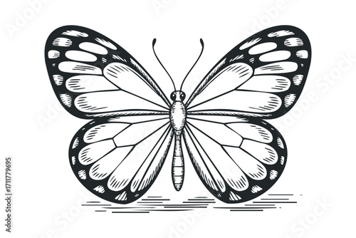 Detailed black and white sketch of a monarch butterfly on a. Vector hand drawn illustration