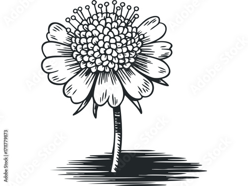 Pincushion flower line drawing isolated. Vector hand drawn illustration