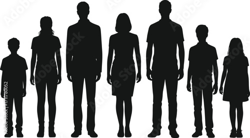Family silhouette standing together, parents and children, black outline figures, unity concept, family members, full body, group portrait, isolated, generation, people design