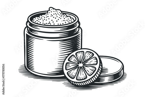 Jar with creamy product and citrus slice. Vector hand drawn illustration