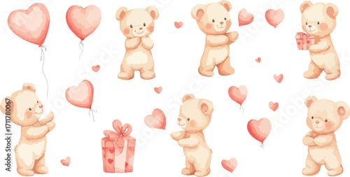 Adorable watercolor teddy bear characters in various poses with hearts and gift boxes for valentine s day celebration