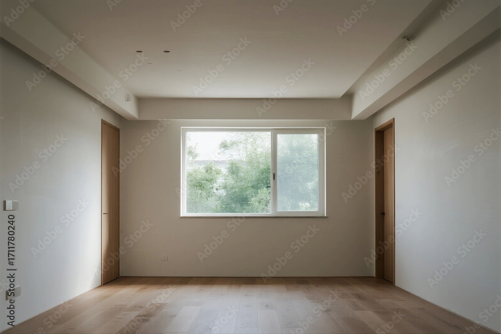 Fototapeta premium Empty room with large window and wooden floor for modern living space
