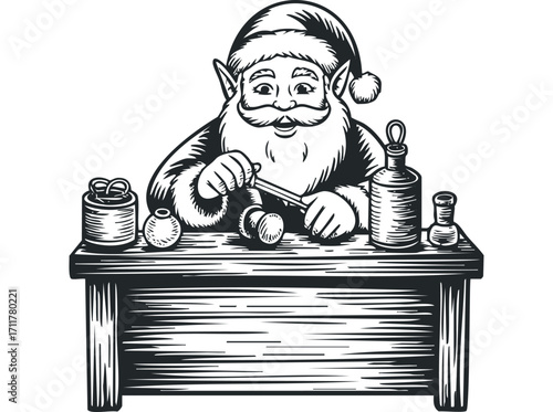 Santa Claus working at desk with gift, potions, and tools. Vector hand drawn illustration