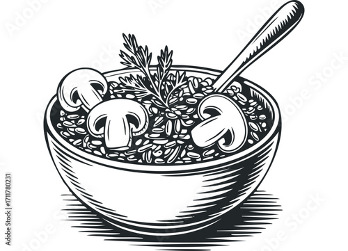 Detailed line art illustration of hearty mushroom risotto in a bowl with a spoon. Vector hand drawn illustration