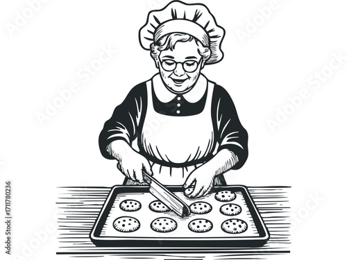Elderly woman wearing chef hat and apron places cookies on baking sheet. Vector hand drawn illustration