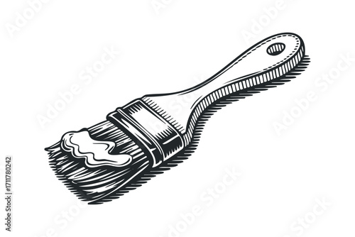 Detailed line art of a paint brush with thick bristles loaded with paint. Vector hand drawn illustration