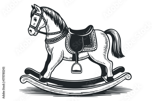 Vintage rocking horse toy on rocker base. Vector hand drawn illustration