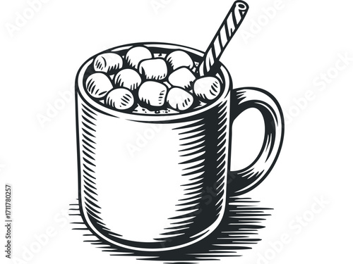 Piping Hot Mug Of Marshmallows And Stirrer,. Vector hand drawn illustration