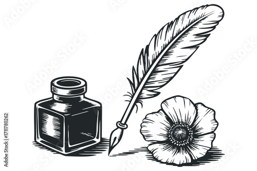 Antique quill pen and inkwell with a delicate flower. Vector hand drawn illustration
