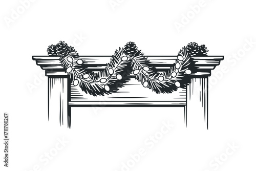 Black and White Evergreen Garland with Pinecones and Lights on Mantelpiece. Vector hand drawn illustration