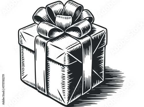 Single black and white wrapped gift box with bow. Vector hand drawn illustration