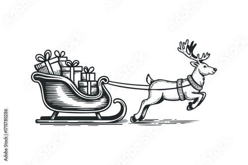 Reindeer pulling sleigh laden with gift boxes. Vector hand drawn illustration