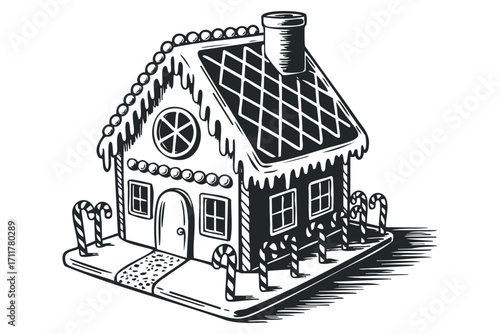 Hand Drawn Gingerbread House with Candy Cane Border. Vector hand drawn illustration