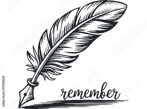 Feather quill pen with word remember. Vector hand drawn illustration