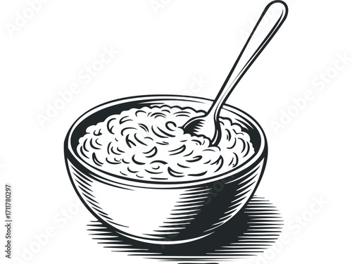 Bowl of porridge with spoon. Vector hand drawn illustration