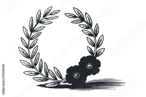 Wreath with flowers, leaves, and brush strokes. Vector hand drawn illustration
