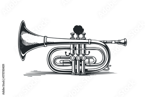 Engraved Cornet Instrument. Vector hand drawn illustration