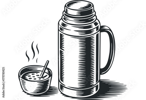 Vintage Style Thermos with Steaming Cup. Vector hand drawn illustration