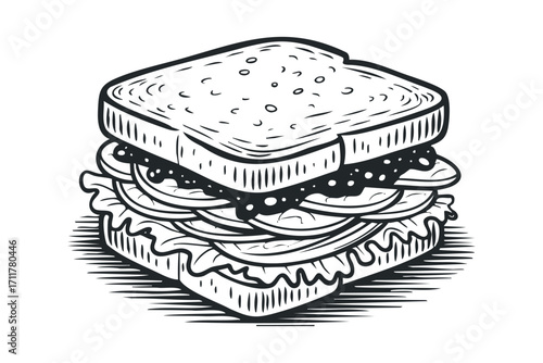 Hand Drawn Sandwich with Toppings. Vector hand drawn illustration