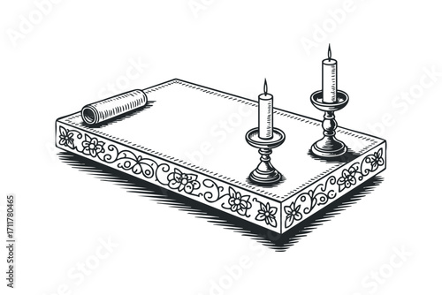 Engraved wooden tray with scroll and ornate candle holders. Vector hand drawn illustration