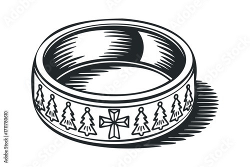 Circular ring with etched evergreen trees and cross emblem. Vector hand drawn illustration