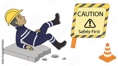 Cartoon construction worker takes a break by a safety sign and orange cone after an accident, promoting workplace safety and the importance of rest