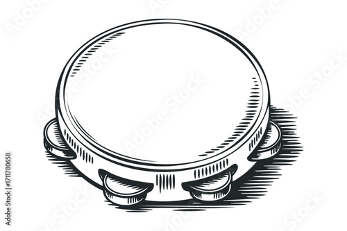 Tambourine percussion instrument on. Vector hand drawn illustration