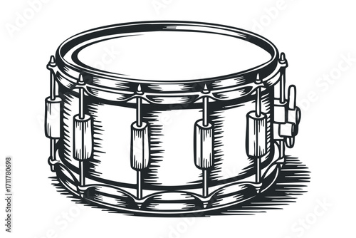 Black and white drawing of a snare drum on a. Vector hand drawn illustration