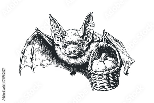 Pteropod carrying basket with pumpkin. Vector hand drawn illustration