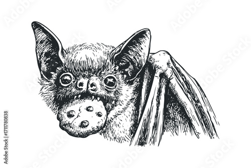 Sketch of a bat with a cookie in its mouth. Vector hand drawn illustration
